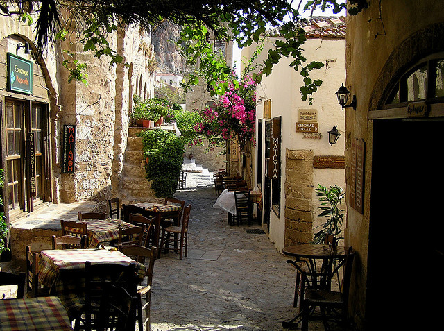 Peaceful dining place on the streets of Monemvasia, Peloponnese, Greece