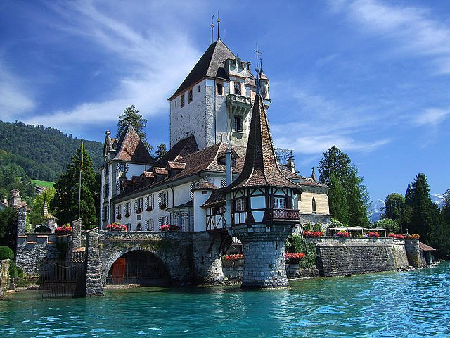 Castle in Spiez on the shores of Lake Thun near Interlaken, Switzerland