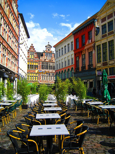 Buildings and cafe on Hoolaard street in Ghent, Belgium