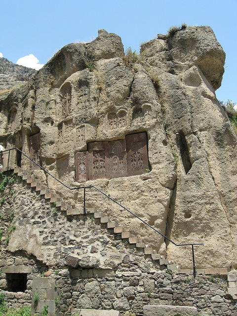 Cross Stone wall near Geghard Monastery built in 4th century, Kotayq Province, Armenia