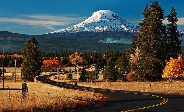 The road to Glenwood with Mt. Adams in the distance, Washington, USA