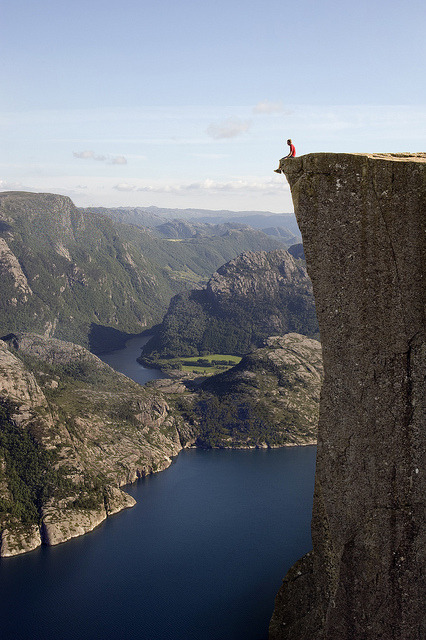 Preikestolen, also known as Pulpit Rock, a massive cliff 2000 feet above Lysefjorden in Norway