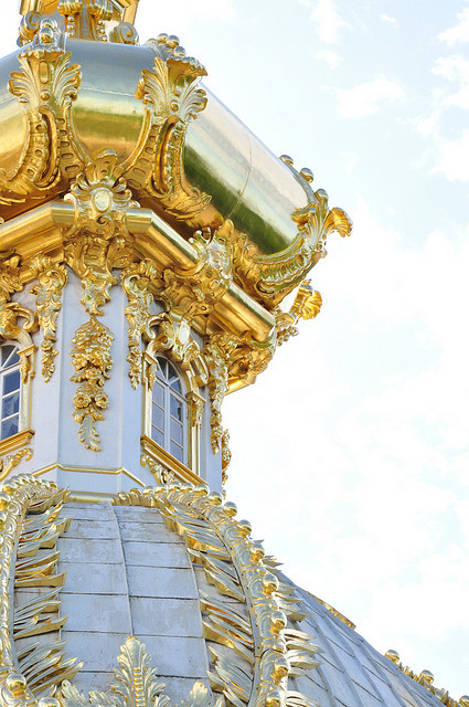 The golden towers of Peterhof Palace in Saint Petersburg, Russia