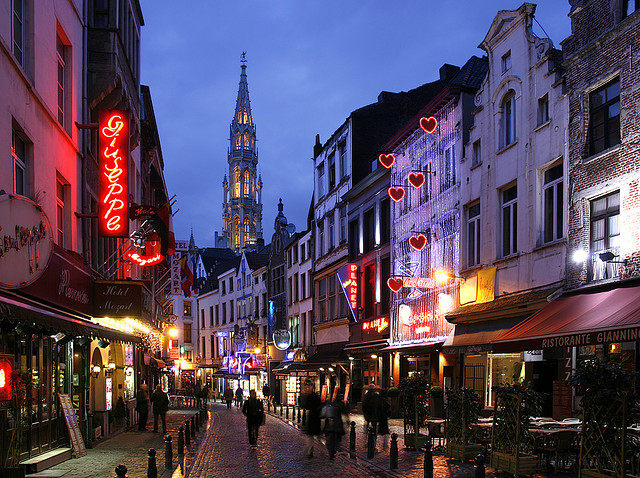 Night scene in the old town of Brussels, Belgium