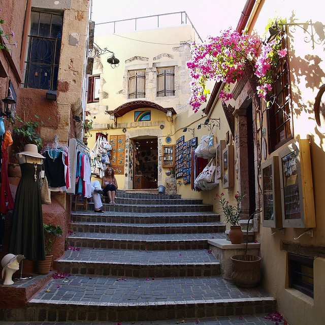 Local shops on the streets of Chania, Crete Island, Greece