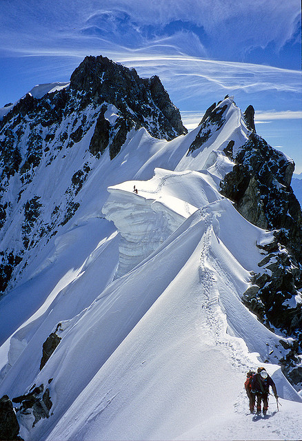 Climbers on Rochefort ridge, Mont Blanc Massif, France
