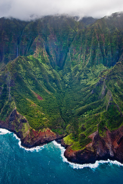 Flying over Na Pali Coast, Kauai Island, Hawaii