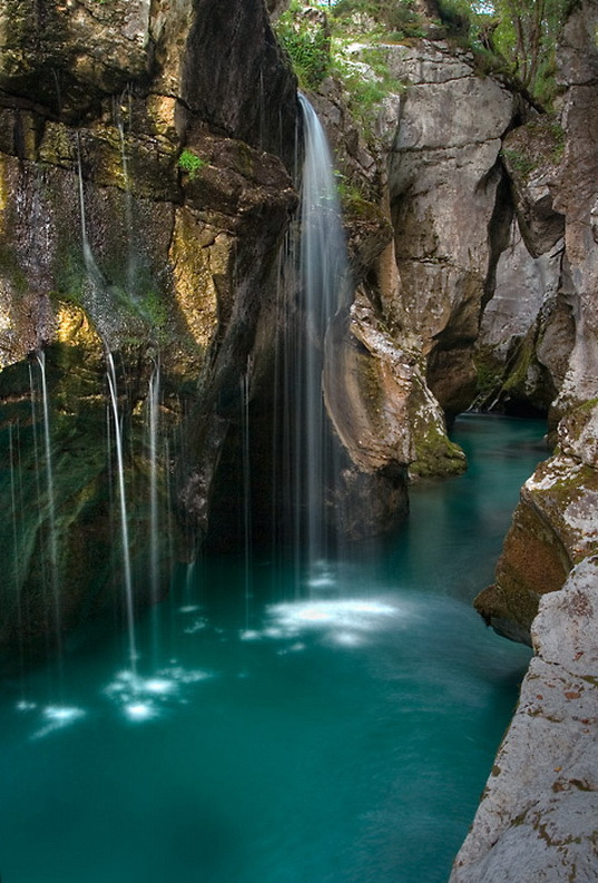 Waterfalls in Velika Korita gorge on river Soca, Slovenia