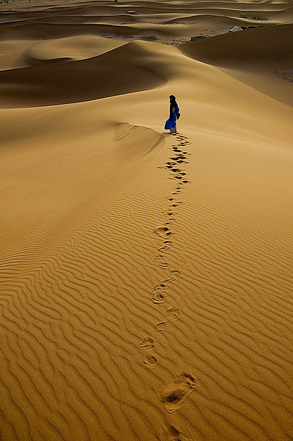 Footprints in the sand, Chigaga Dunes, Morocco